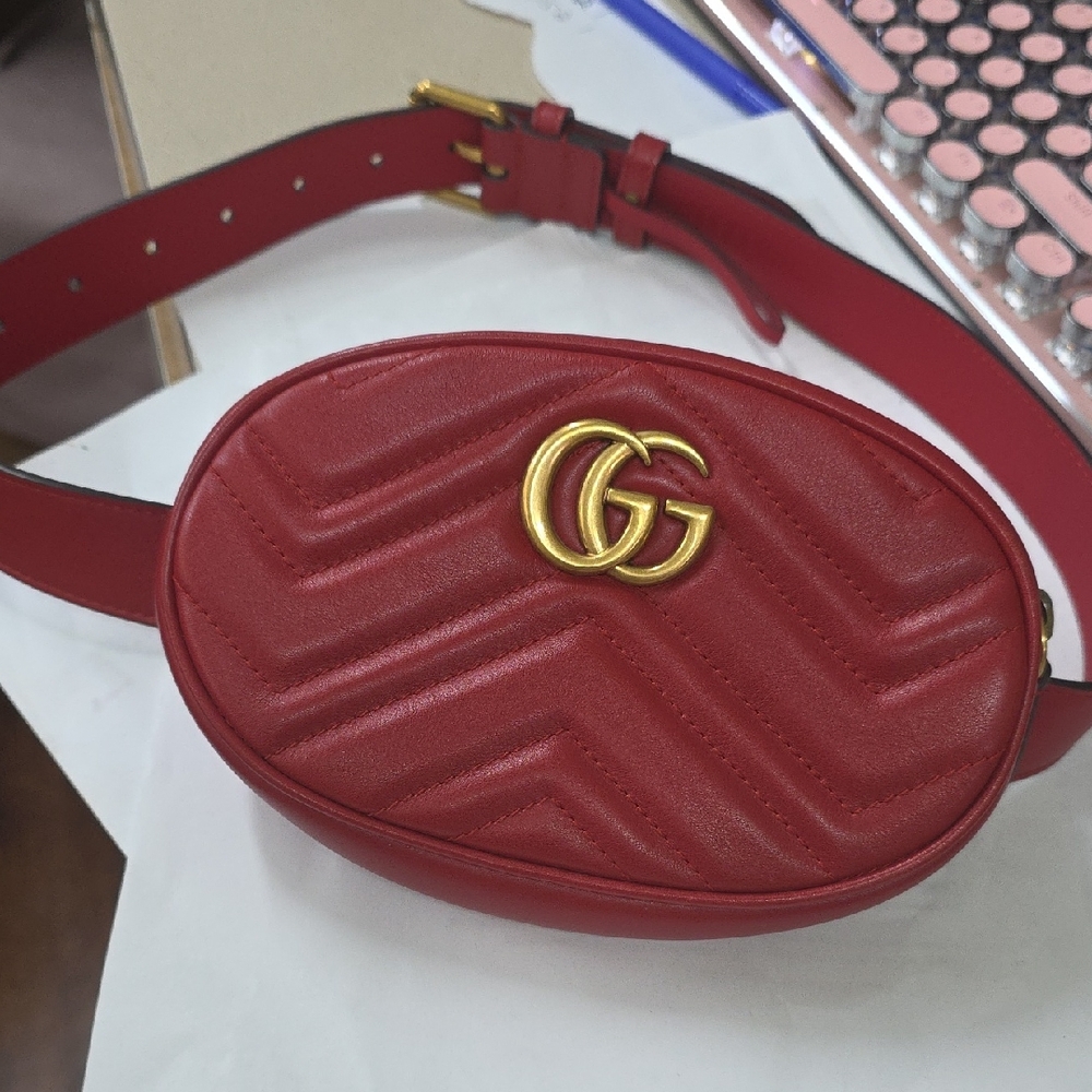 Gucci Marmont GG Red Belt Bag with Gold Logo Small
